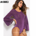 Long Flare Sleeve Autumn Fashion Gold Casual Wear Elegant Femme Gray Purple Women Bodysuit Jumpsuit